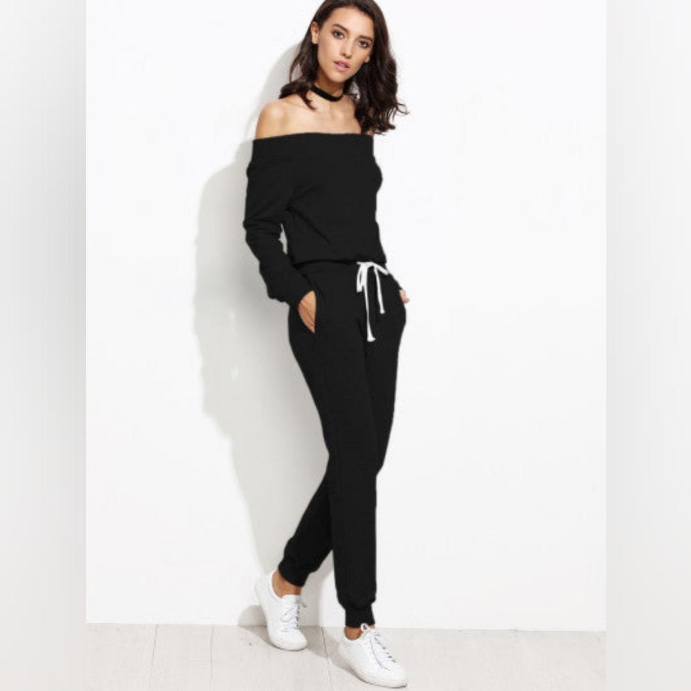 Two Piece Off Shoulder Crop Top and Sweat Pant Set Sport Tracksuit Black XL - Picture 4 of 7